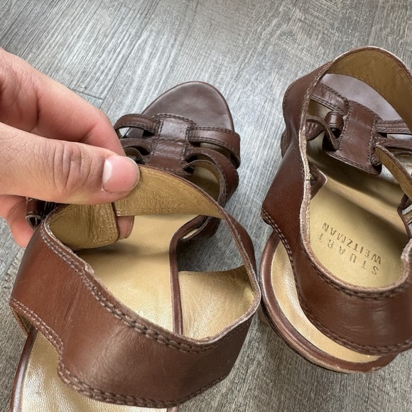 Stuart Weitzman Brown Leather Cork Wedge Sandals Size 7 1 / 2 Women's - Picture 5 of 8